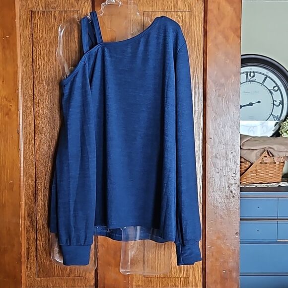 Emery Rose Blue One Cold Shoulder with straps Women's Large Summer Blouse - Picture 4 of 8